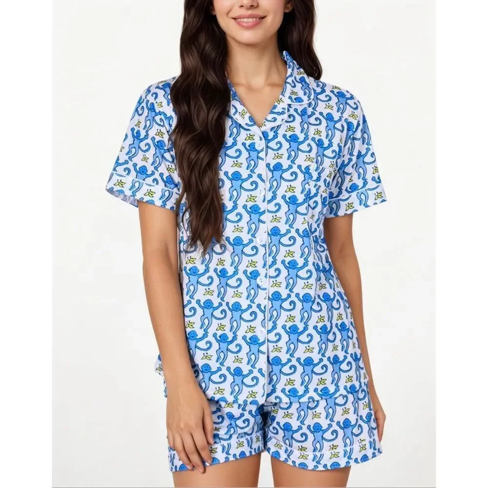 Womens Monkey Pajamas Set 2 Piece Button Down medium Shorts Set blue